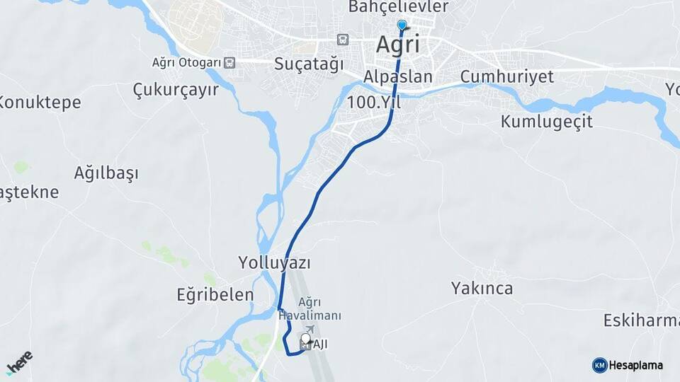Ağrı Ağrı Havalimanı Arası Kaç Km - Yol Haritası