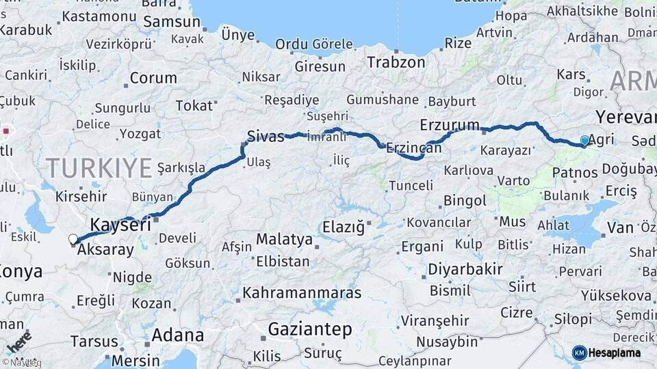 Ağrı Aksaray Arası Kaç Km - Yol Haritası
