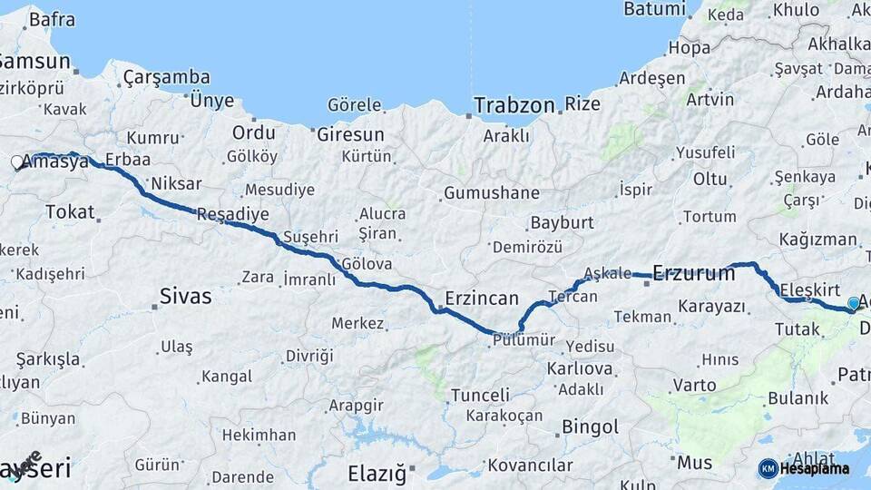 Ağrı Amasya Arası Kaç Km - Yol Haritası