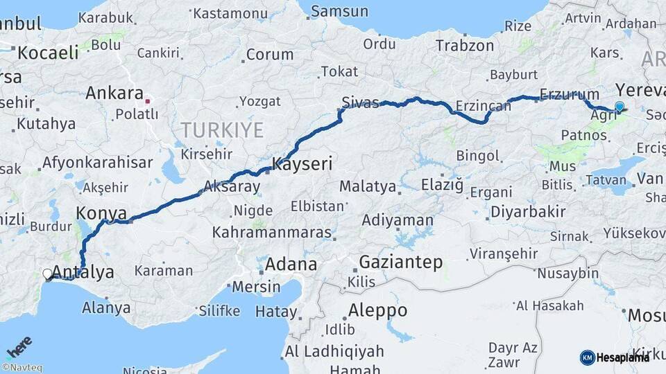 Ağrı Antalya Arası Kaç Km - Yol Haritası