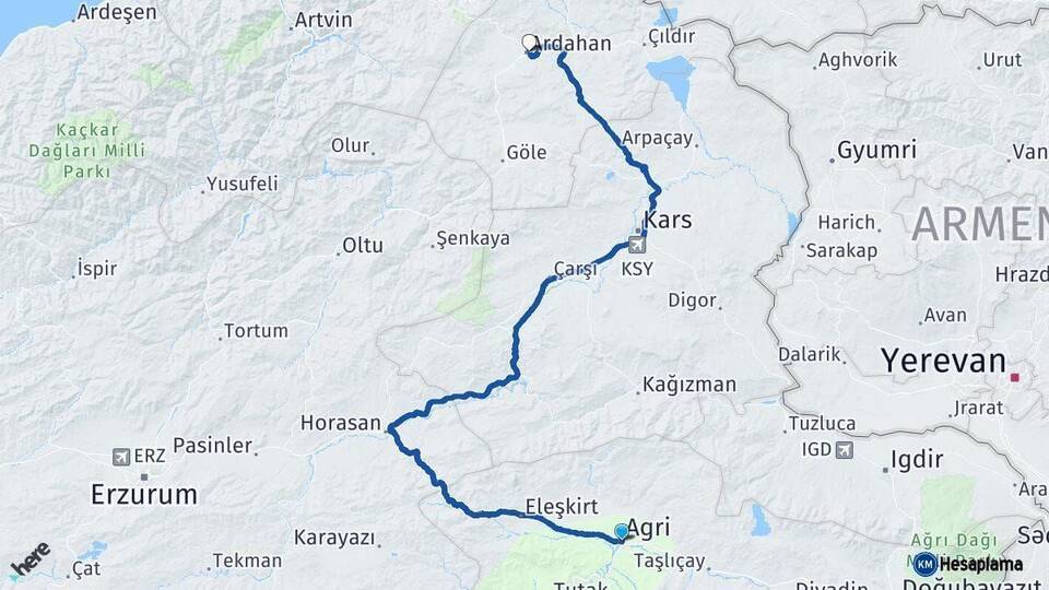 Ağrı Ardahan Arası Kaç Km - Yol Haritası