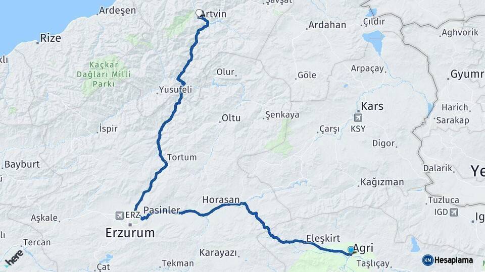 Ağrı Artvin Arası Kaç Km - Yol Haritası