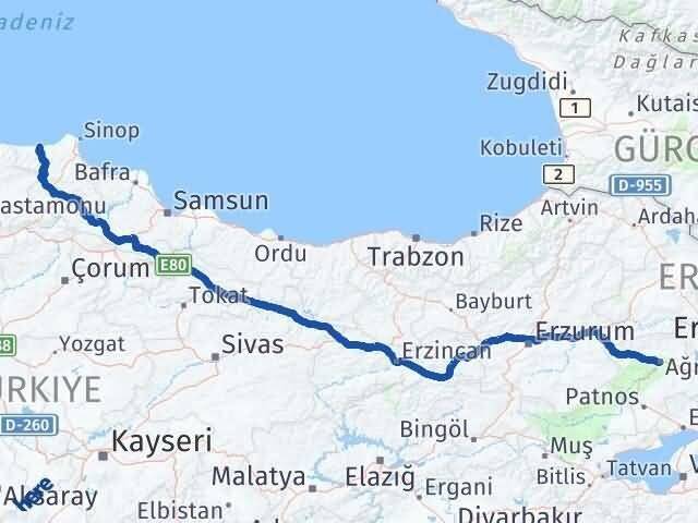 Ağrı Ayancık Sinop Arası Kaç Km - Yol Haritası