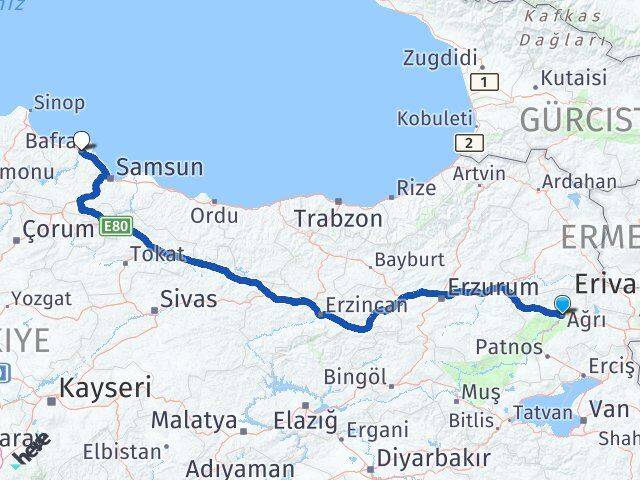 Ağrı Bafra Samsun Arası Kaç Km - Yol Haritası