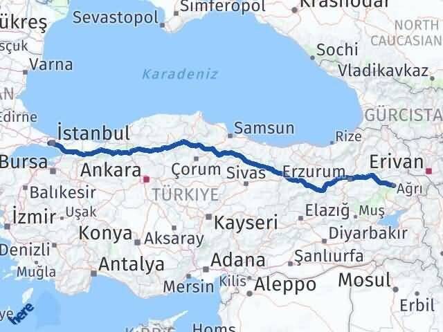 Ağrı Bağcılar İstanbul Arası Kaç Km - Yol Haritası