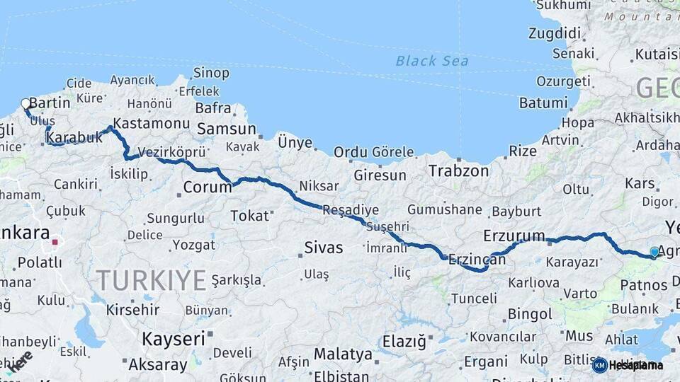 Ağrı Bartın Arası Kaç Km - Yol Haritası