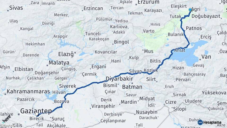 Ağrı Birecik Şanlıurfa Arası Kaç Km - Yol Haritası
