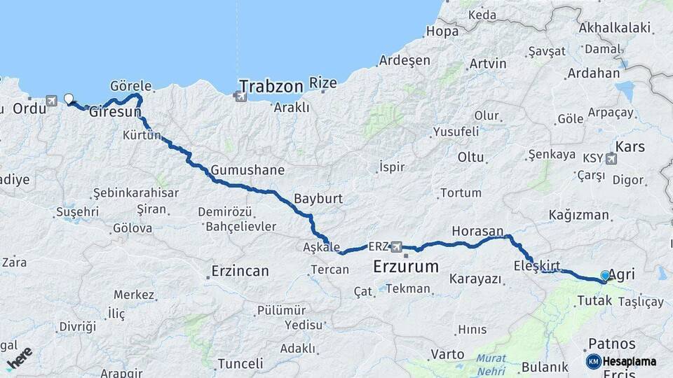 Ağrı Bulancak Giresun Arası Kaç Km - Yol Haritası