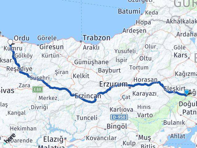 Ağrı Çamaş Ordu Arası Kaç Km - Yol Haritası