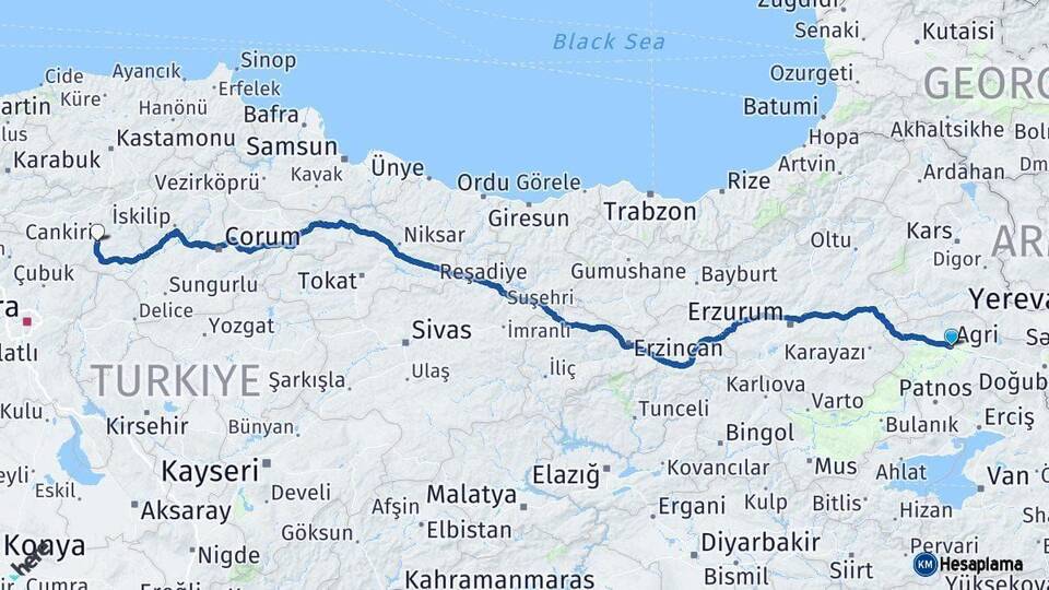Ağrı Çankırı Arası Kaç Km - Yol Haritası