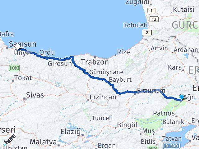 Ağrı Çarşamba Samsun Arası Kaç Km - Yol Haritası