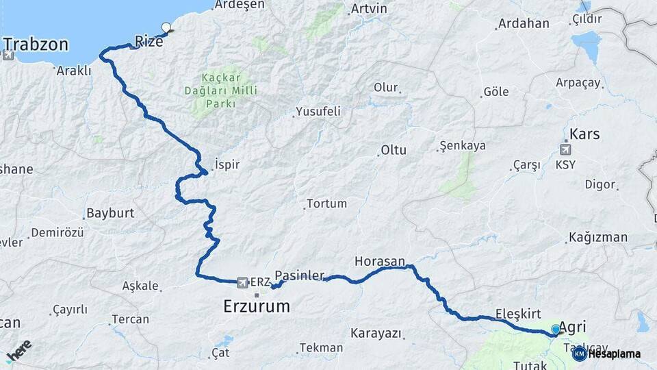 Ağrı Çayeli Rize Arası Kaç Km - Yol Haritası
