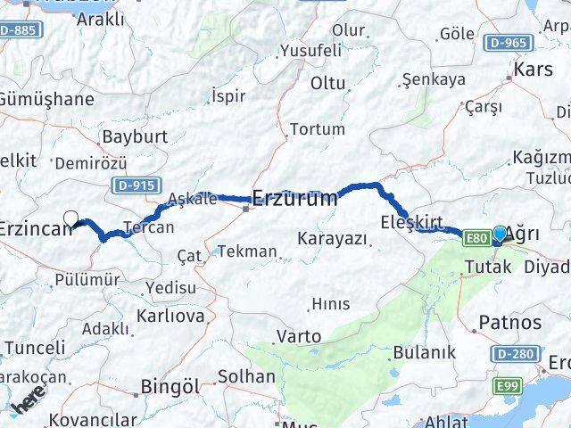 Ağrı Çayırlı Erzincan Arası Kaç Km - Yol Haritası