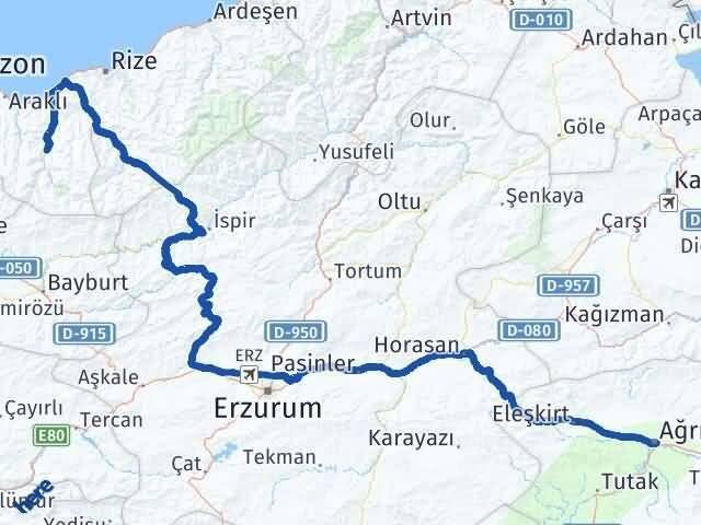 Ağrı Çaykara Trabzon Arası Kaç Km - Yol Haritası