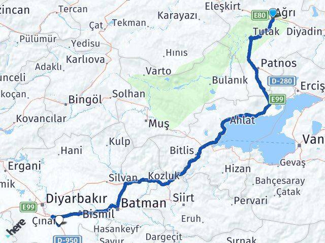 Ağrı Çınar Diyarbakır Arası Kaç Km - Yol Haritası