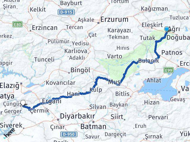 Ağrı Çüngüş Diyarbakır Arası Kaç Km - Yol Haritası