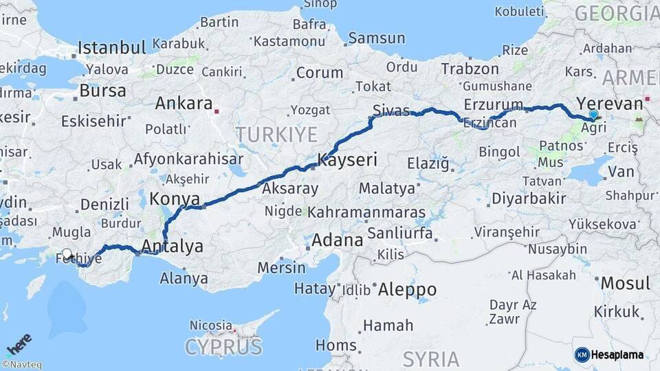 Ağrı Dalaman Muğla Arası Kaç Km - Yol Haritası