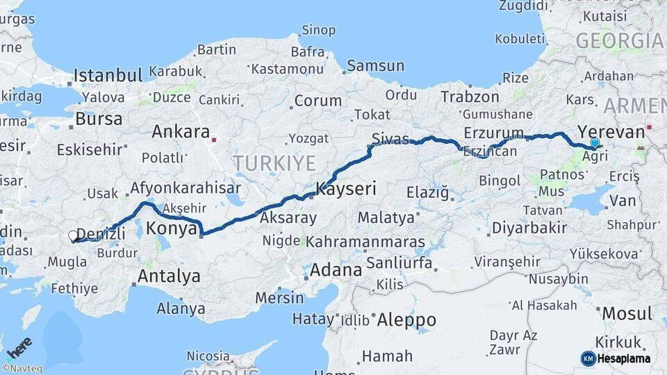 Ağrı Denizli Arası Kaç Km - Yol Haritası