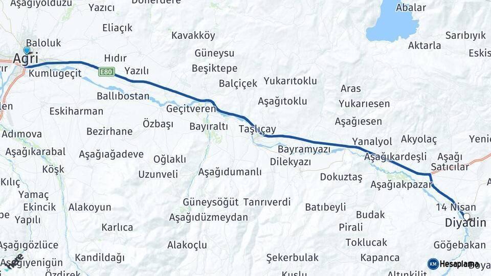 Ağrı Diyadin Arası Kaç Km - Yol Haritası