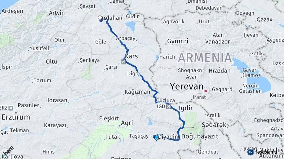 Ağrı Diyadin Ardahan Arası Kaç Km - Yol Haritası