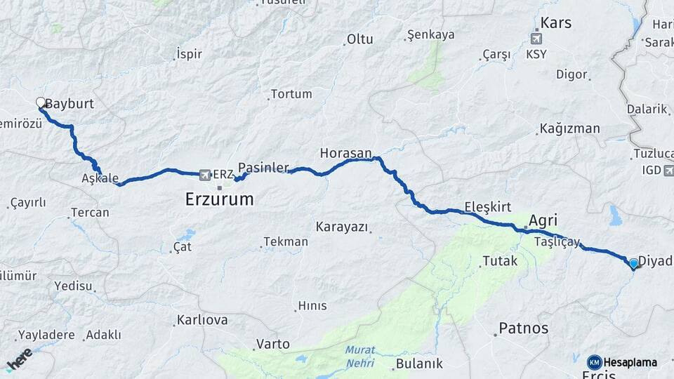 Ağrı Diyadin Bayburt Arası Kaç Km - Yol Haritası