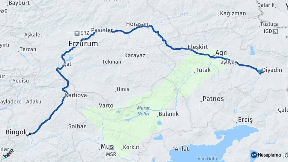 Ağrı Diyadin Bingöl Arası Kaç Km - Yol Haritası