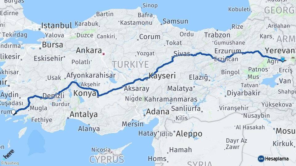 Ağrı Diyadin Bodrum Muğla Arası Kaç Km - Yol Haritası