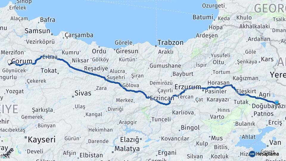 Ağrı Diyadin Çorum Arası Kaç Km - Yol Haritası