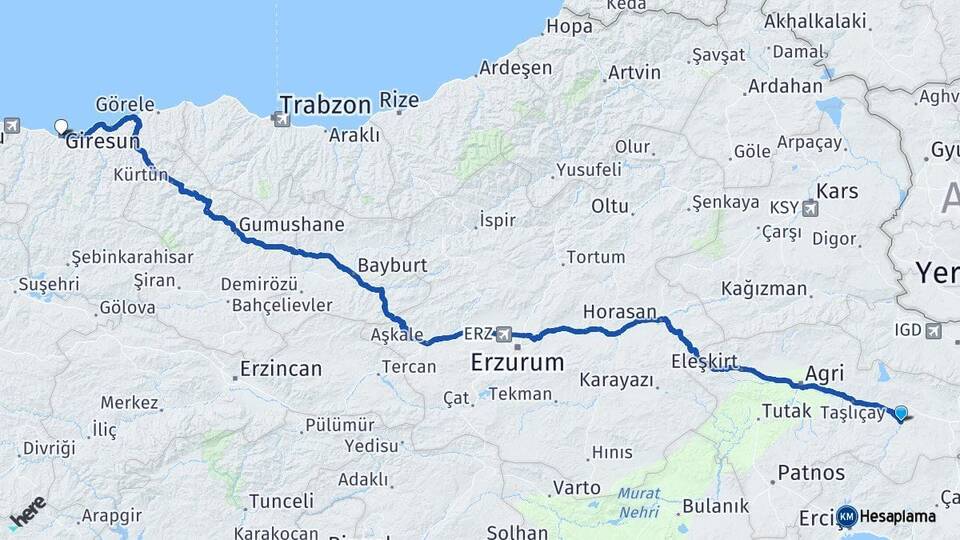 Ağrı Diyadin Giresun Arası Kaç Km - Yol Haritası