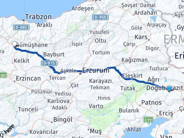 Ağrı Diyadin Gümüşhane Arası Kaç Km - Yol Haritası