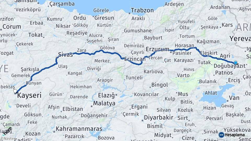 Ağrı Diyadin Kayseri Arası Kaç Km - Yol Haritası