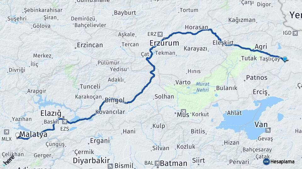 Ağrı Diyadin Malatya Arası Kaç Km - Yol Haritası
