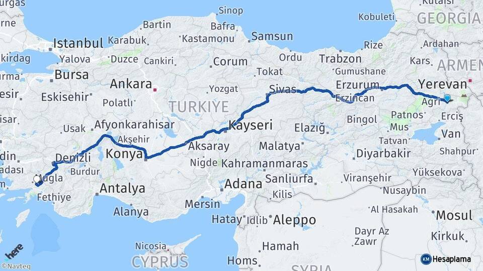 Ağrı Diyadin Muğla Arası Kaç Km - Yol Haritası