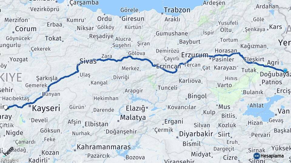 Ağrı Diyadin Nevşehir Arası Kaç Km - Yol Haritası