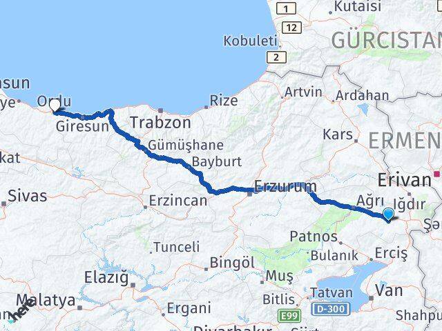 Ağrı Diyadin Ordu Arası Kaç Km - Yol Haritası