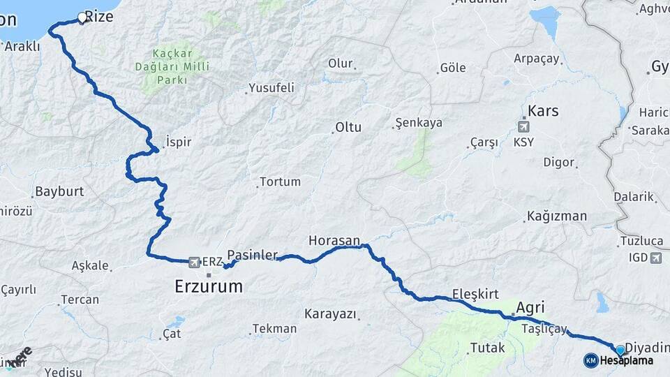 Ağrı Diyadin Rize Arası Kaç Km - Yol Haritası