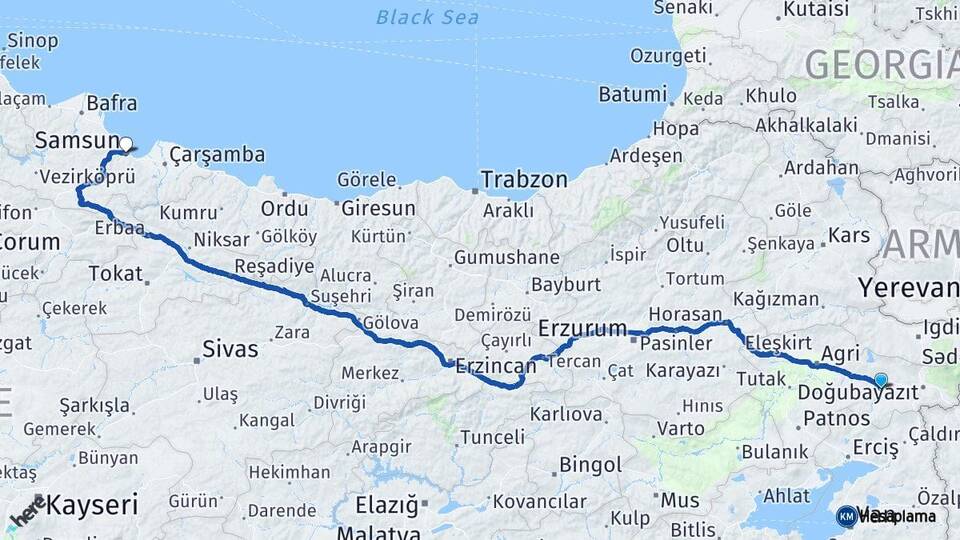 Ağrı Diyadin Samsun Arası Kaç Km - Yol Haritası