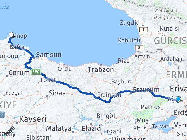Ağrı Diyadin Sinop Arası Kaç Km - Yol Haritası