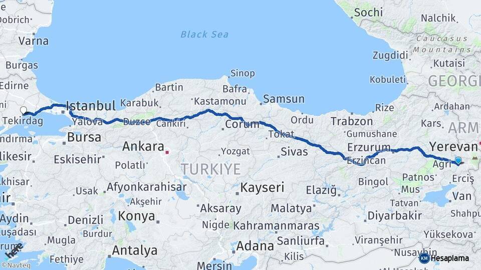 Ağrı Diyadin Tekirdağ Arası Kaç Km - Yol Haritası