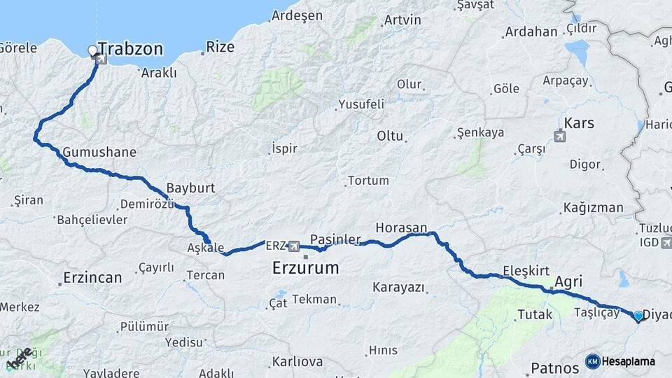 Ağrı Diyadin Trabzon Arası Kaç Km - Yol Haritası