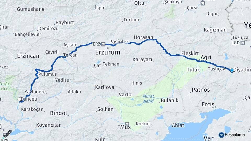 Ağrı Diyadin Tunceli Arası Kaç Km - Yol Haritası