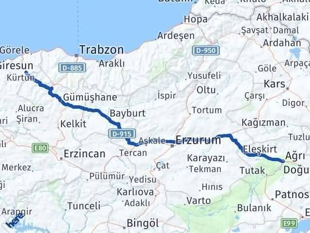 Ağrı Doğankent Giresun Arası Kaç Km - Yol Haritası