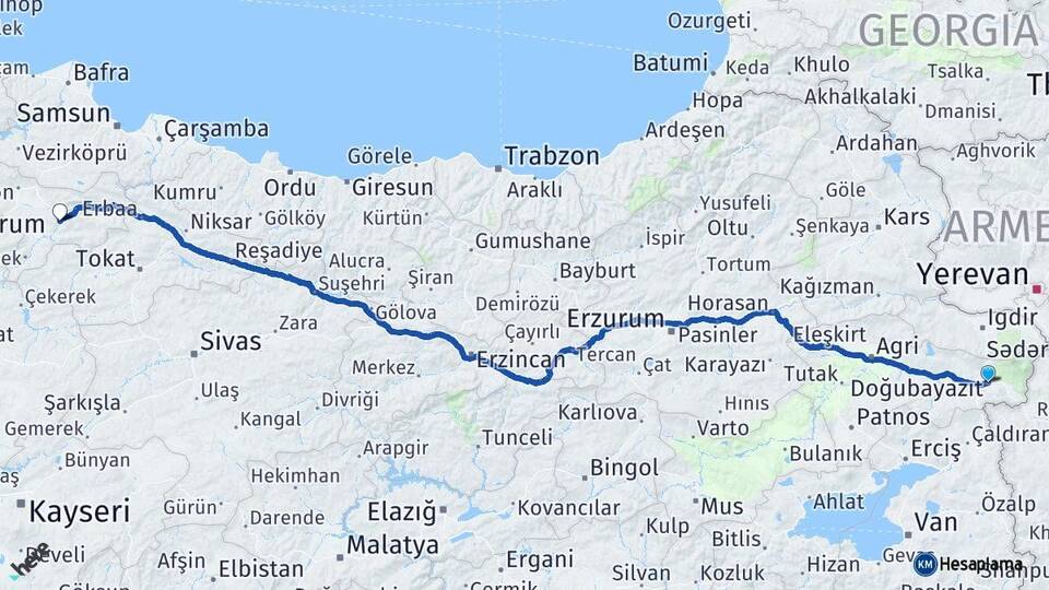 Ağrı Doğubayazıt Amasya Arası Kaç Km - Yol Haritası