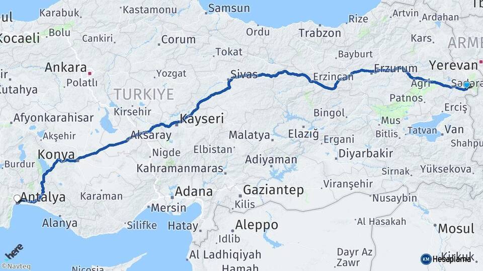 Ağrı Doğubayazıt Antalya Arası Kaç Km - Yol Haritası
