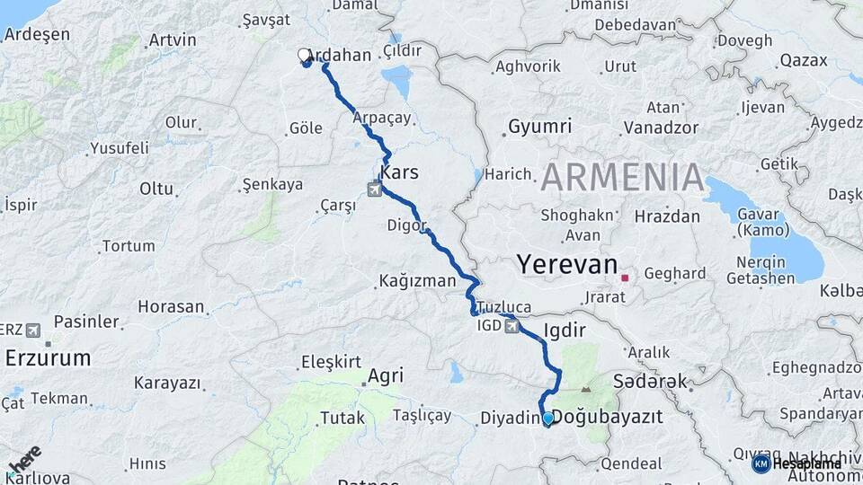 Ağrı Doğubayazıt Ardahan Arası Kaç Km - Yol Haritası