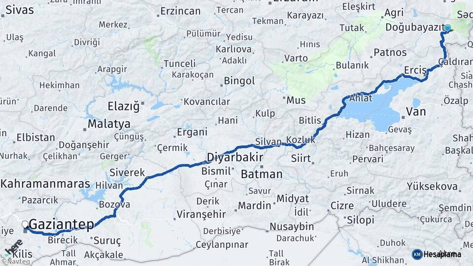 Ağrı Doğubayazıt Gaziantep Arası Kaç Km - Yol Haritası