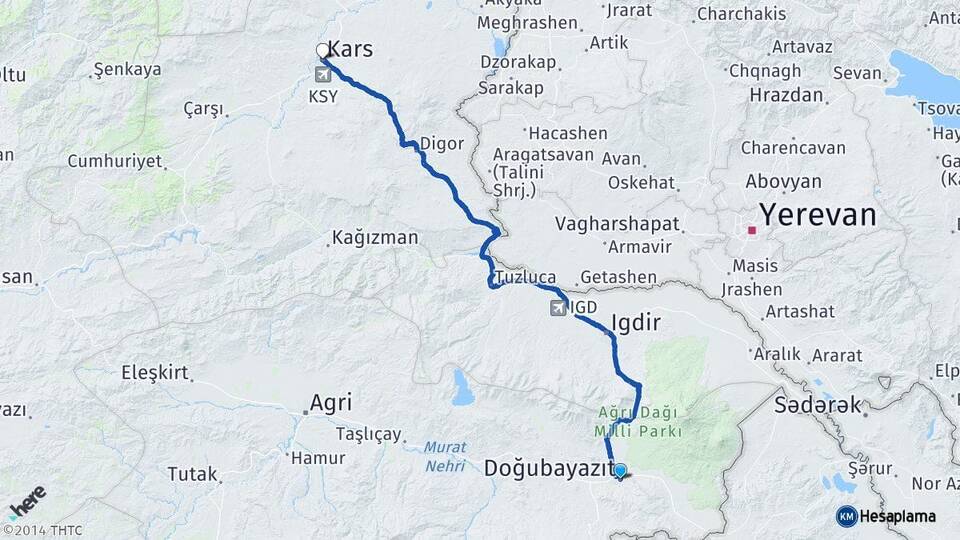 Ağrı Doğubayazıt Kars Arası Kaç Km - Yol Haritası