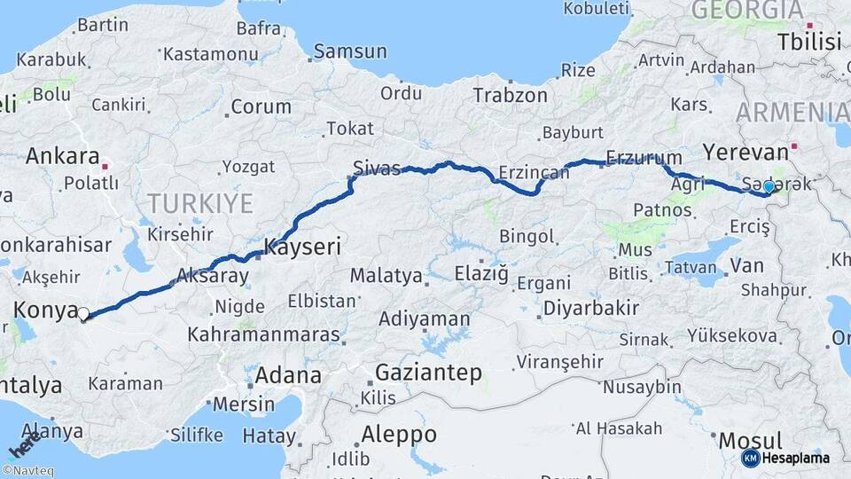 Ağrı Doğubayazıt Konya Arası Kaç Km - Yol Haritası