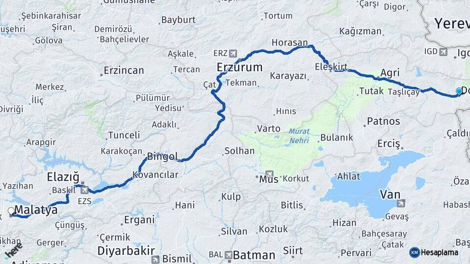 Ağrı Doğubayazıt Malatya Arası Kaç Km - Yol Haritası