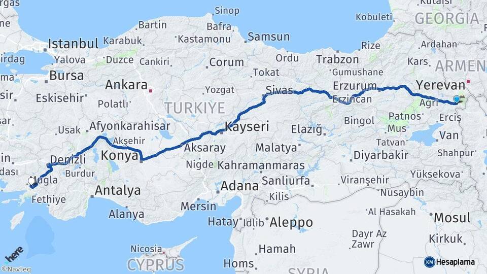 Ağrı Doğubayazıt Muğla Arası Kaç Km - Yol Haritası